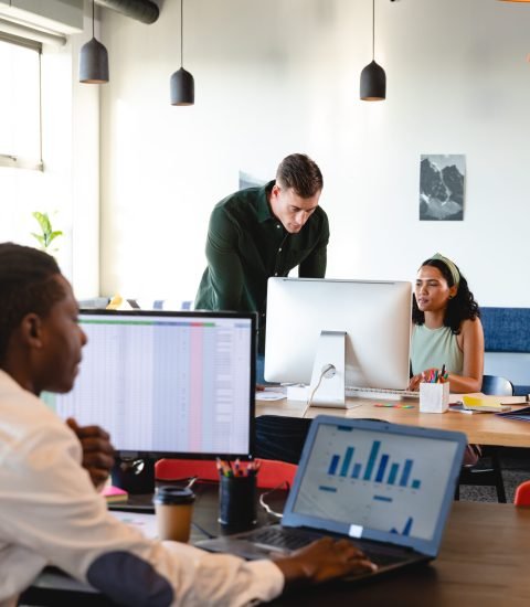 Caucasian young businessman discussing with biracial colleague over computer in office